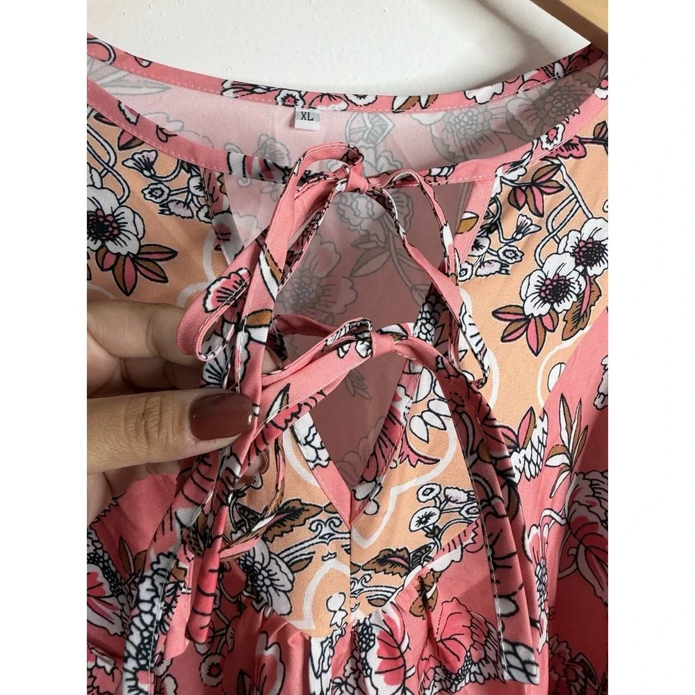 NEW Boho Floral Peasant Blouse Tie Neck Long Sleeve Coral Pink XL Flowy Spring - Picture 8 of 8